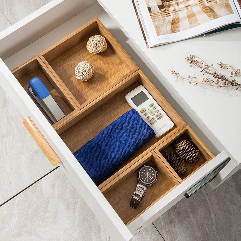 Lawei Set of 5 Bamboo Drawer Organizer Boxes, Desk Storage Box Kit, Drawer Storage Containers Tray Bins for Office, Kitchen, Bedroom, Children Room, Craft, Sewing Lawei