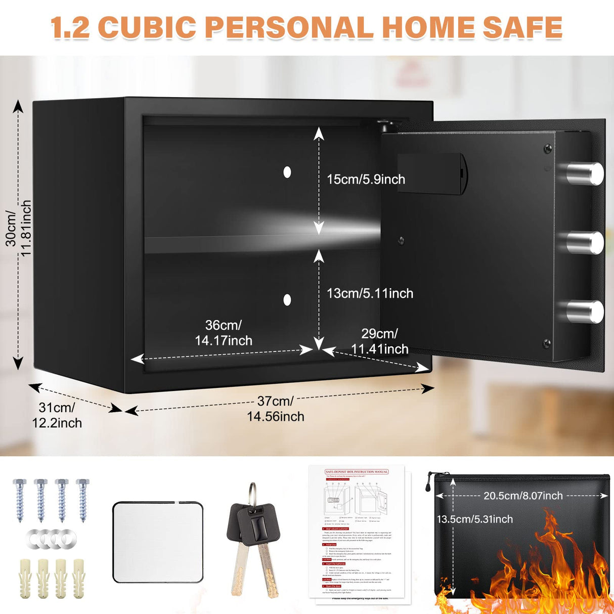 1.2 Cubic Home Safe with Fireproof Bag, Anti-Theft Safe Box for Pistol, Money, Medicine & Documents Tiskgg