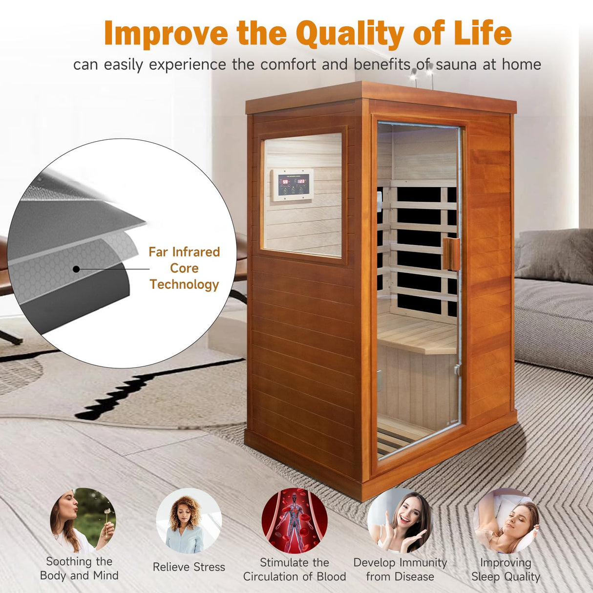 One/Single Person Sauna Far Infrared Oguman Wood Saunas Room with Red Light Therapy Home Wood Spa Dry Saunas Single Person Spa Beauty of Natural Wood 27.6"x35.2"x61.6" Light Brown cabirty