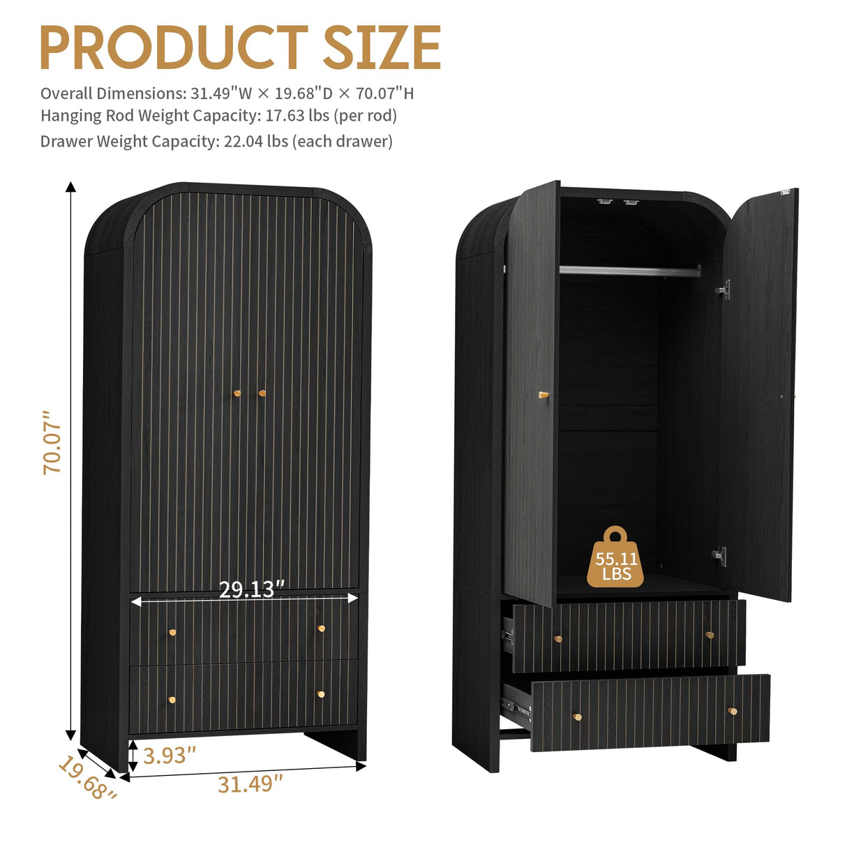 LEVNARY Arched Armoire Wardrobe Closet, Mid-Century Modern 2-Door Freestanding Wardrobe with Hanging Rod and 2 Drawers, Fluted Carved Clothing Storage Cabinet for Bedroom (Black) LEVNARY