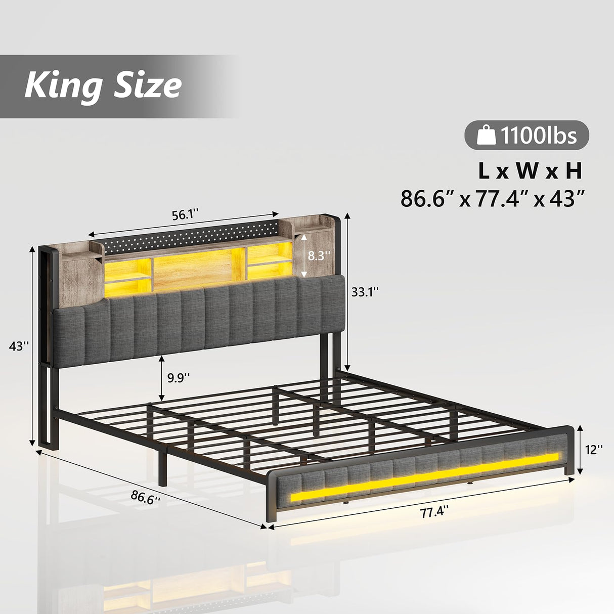 CSZZD King Size Upholstered Bed Frame with Storage Headboard, LED Lights, and Charging Station in Oak Gray CSZZD