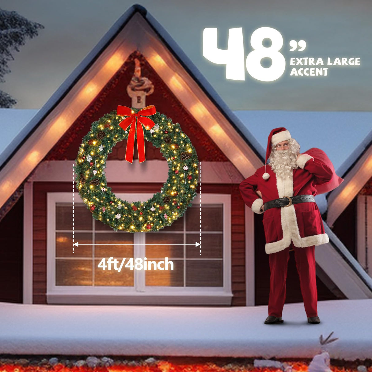 VINGLI 48 Inch Pre-lit Artificial Christmas Wreath, Ourdoor Christmas Wreath Decorations with 150 LED Lights and 450 PVC Branch Tips for Garage, Xmas Door Wreath w/Bow, Pine Cones, Ornaments, Plug-in VINGLI