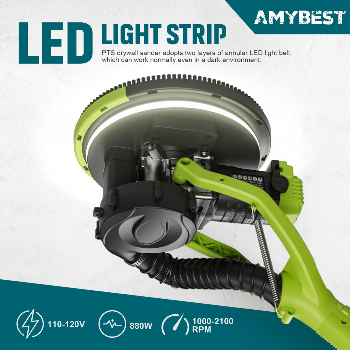 AMYBEST Drywall Sander, Powerful Electric Drywall Sander with Vacuum Dust Collection, 5 Speed 1000-2100 RPM, Popcorn Ceiling Remover, LED Light & 12 Sanding Discs, Extendable Handle (GREEN) AMYBEST