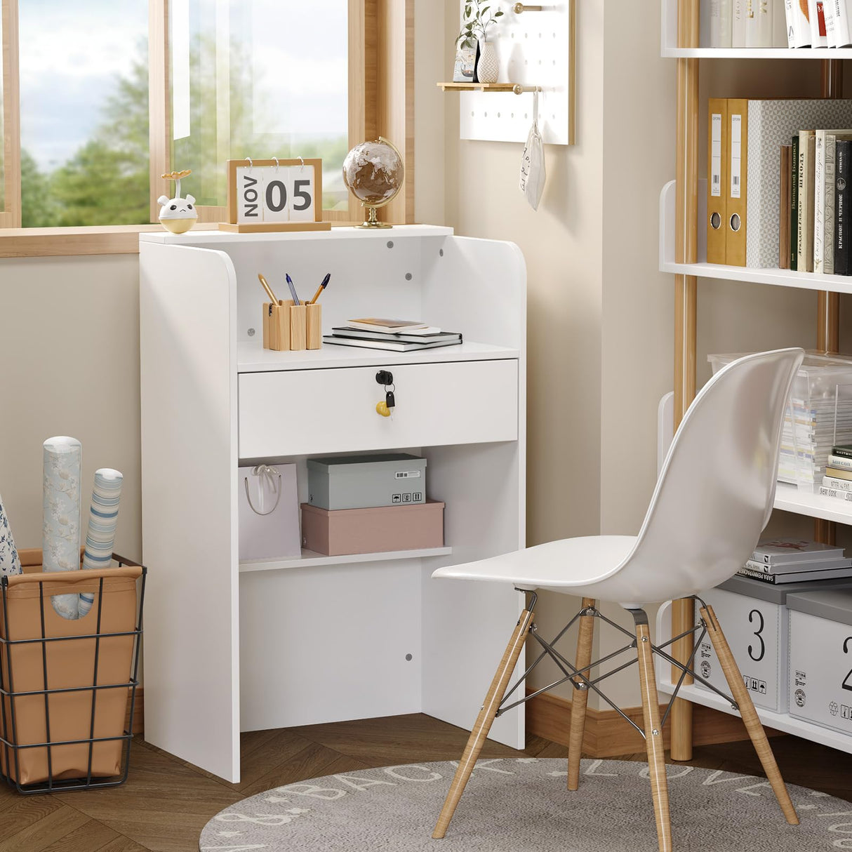 OmySalon Reception Desk with Counter, Small Front Desk w/Lockable Drawer, Wooden Modern Reception Table for Salon Lobby Office Home (White, 24) OmySalon