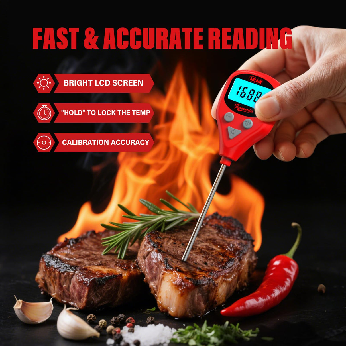 AWLKIM Rechargeable Digital Meat Thermometer with 3.3ft External Probe, Warning Alert, Instant Read Food Thermometer for Cooking Baking Water BBQ Oil Fry, Waterproof IP67, Hold Function, Oven Safe AWLKIM