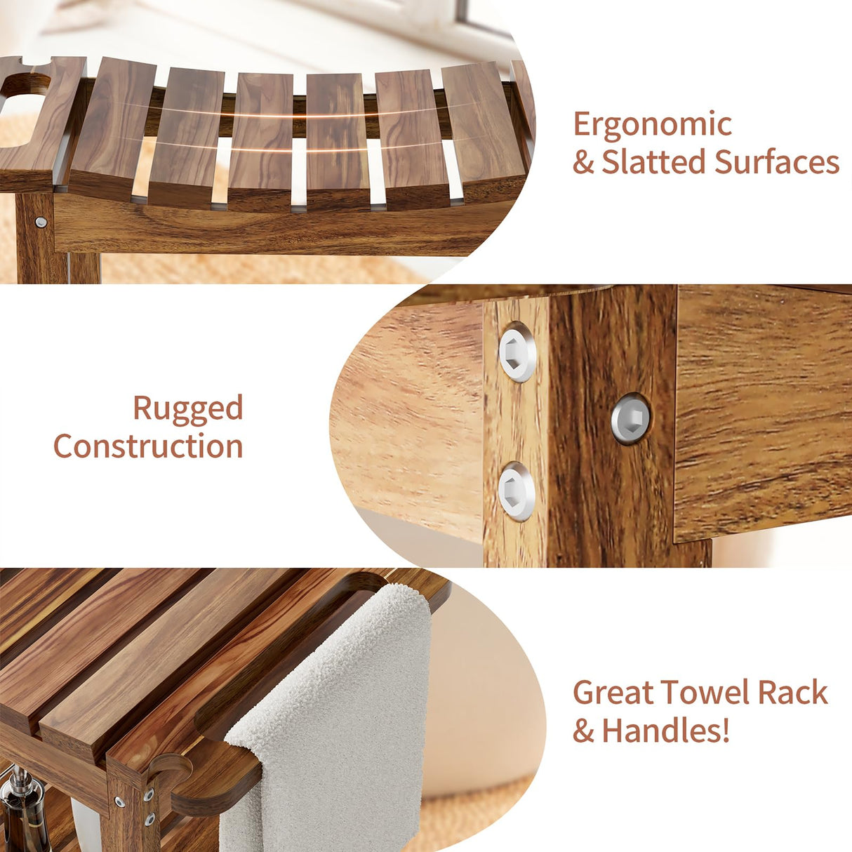 Boulphia Shower Benches for Inside Shower to Sit on, Acacia Wood Bathroom Bench with Storage, Waterproof Shower Seat for Inside Shower, with Handles & Shower Head Holder, No-Slip Boulphia