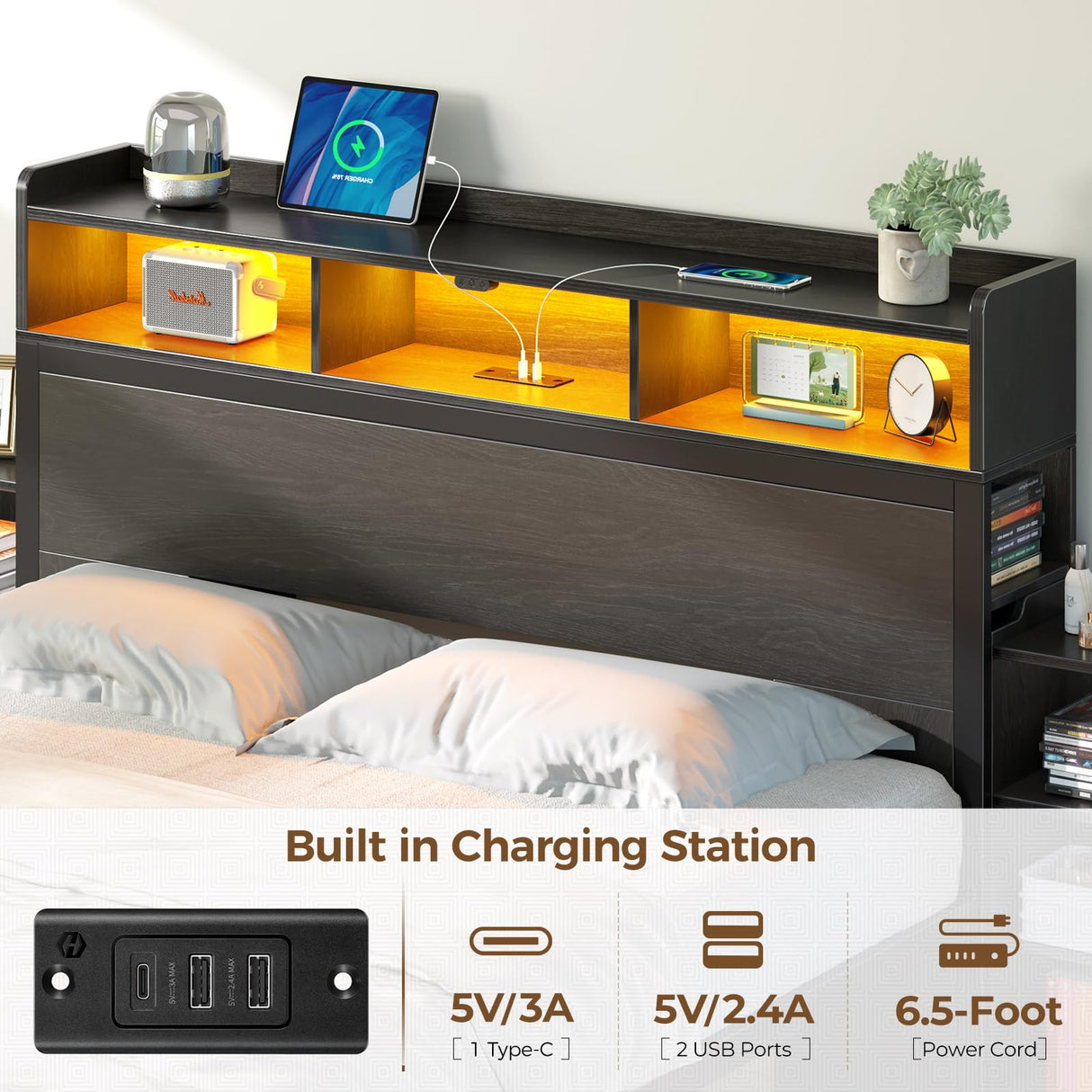 Rolanstar Bed Frame Full Size with Bookcase Storage Headboard, Slide Out Bedside Storage, Bed with Charging Station & LED Lights, Heavy Duty Metal Slats, No Box Spring Needed, Noise Free, Black Rolanstar