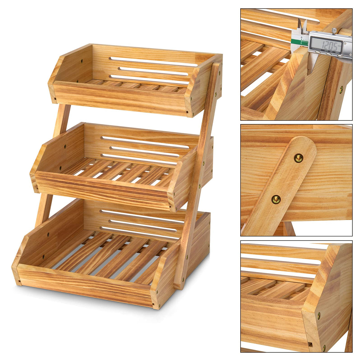 Merysen 3 Tier Wooden Fruit Basket For Kitchen, Bread Vegetable Fruit Basket Bowl Stand, Farmhouse Fruit Bowl for Countertop, Large Merysen