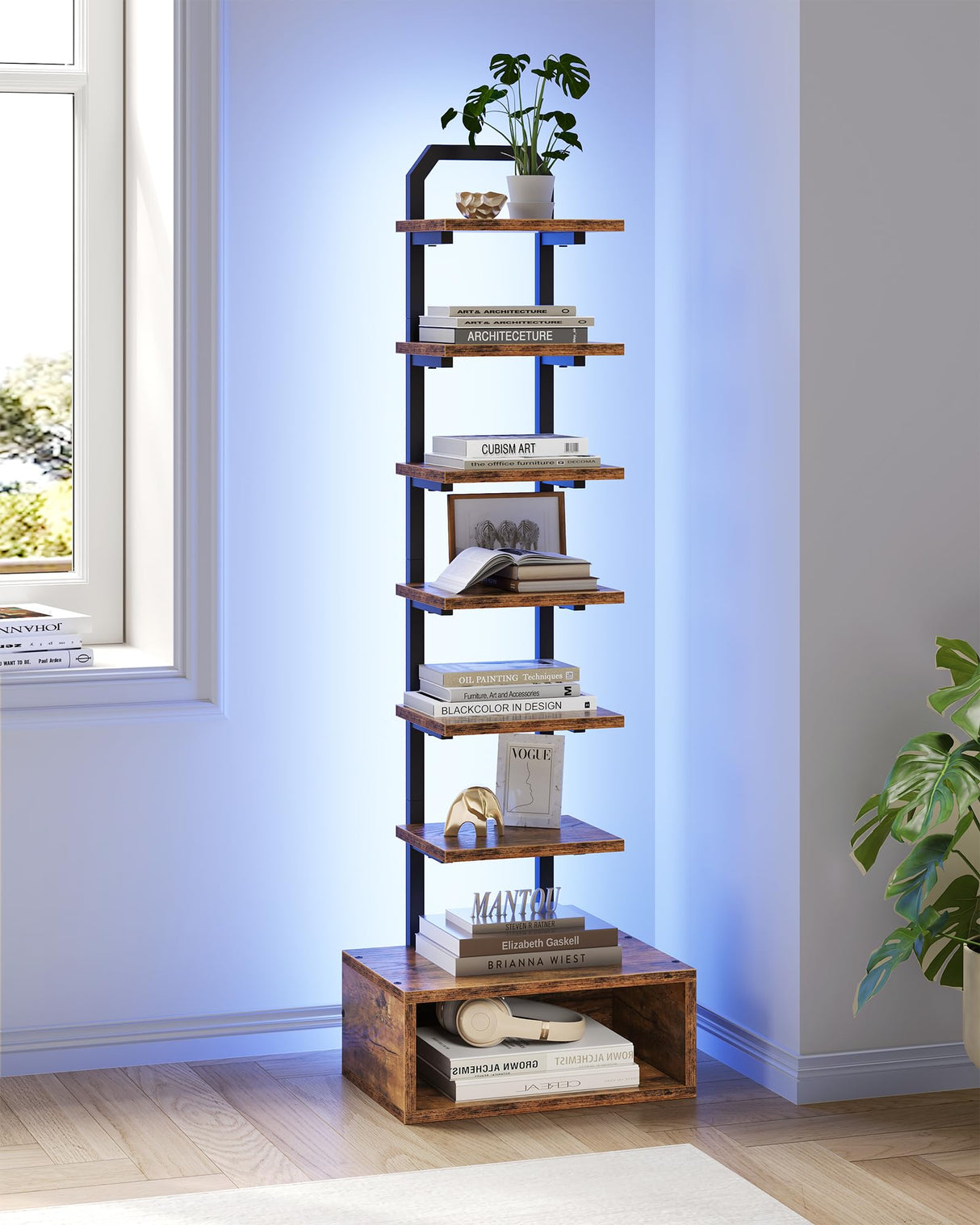 CHOEZON 8-Tier Bookshelf, LED Bookcase with Semi-Open Bottom, Small Space Standing Shelf with Lights, Corner Storage Stand, for Living Room, Home Office, Bedroom, Rustic Brown TSJ08DBF CHOEZON