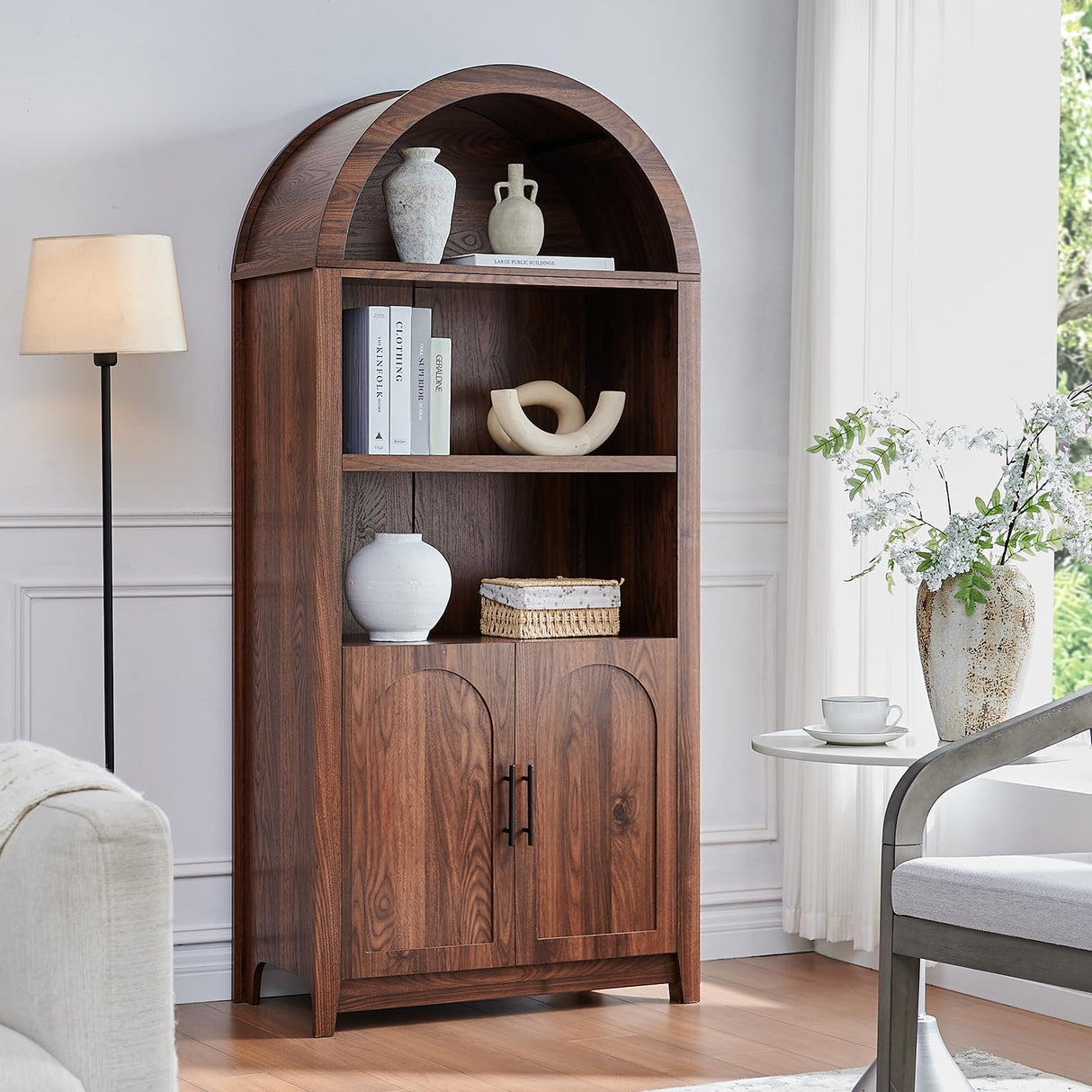 RowyPoey Rattan Arched Cabinet Bookshelf - 69.3” Tall Mid Century Display Cabinet, Rounded Bookcase with Rattan Doors, Open Shelf Storage for Dining Room (Walnut, 1 PC) RowyPoey
