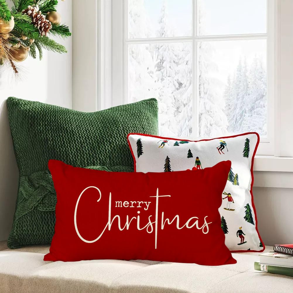 RABUSOFA Christmas Pillow Covers 12x20 Inch,Red Merry Christmas Saying Decorations Winter Decorative Throw Pillow Cases,Farmhouse Holiday Xmas Lumbar Cushion Covers for Couch Living Room(16) RABUSOFA