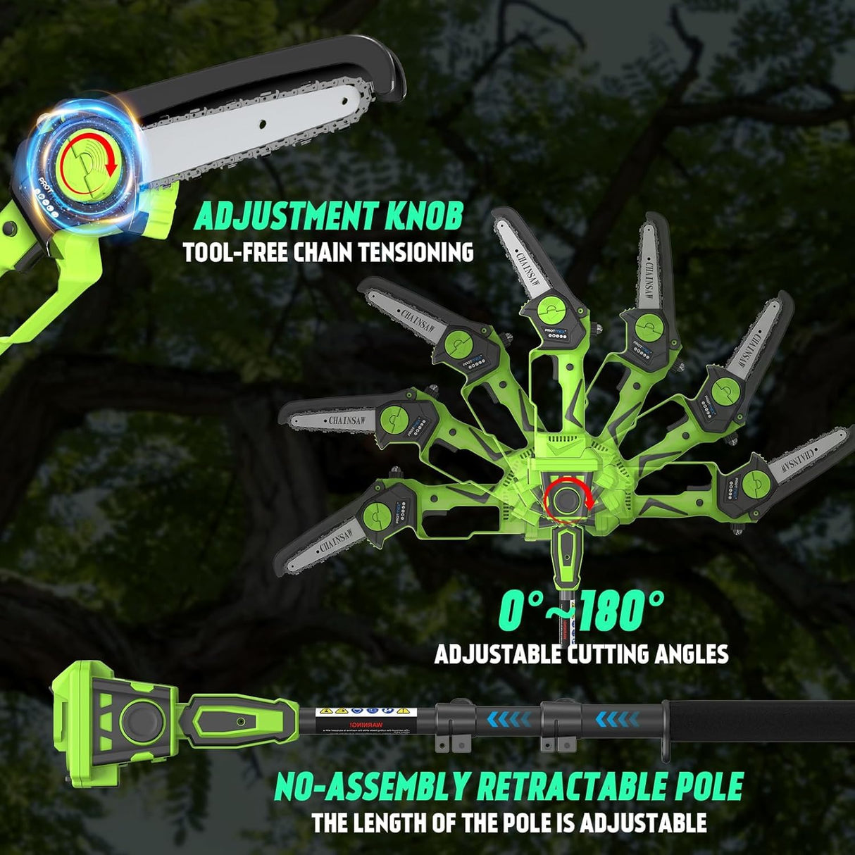 2-in-1 Cordless Pole Saw 8 Inch&Mini Chainsaw, with 2×4.0Ah 21V Battery and Charger, Brushless Motor, Total Reach of Max 15ft, Electric Pole Saw for Tree Trimming and Hedge Cutting Protmex