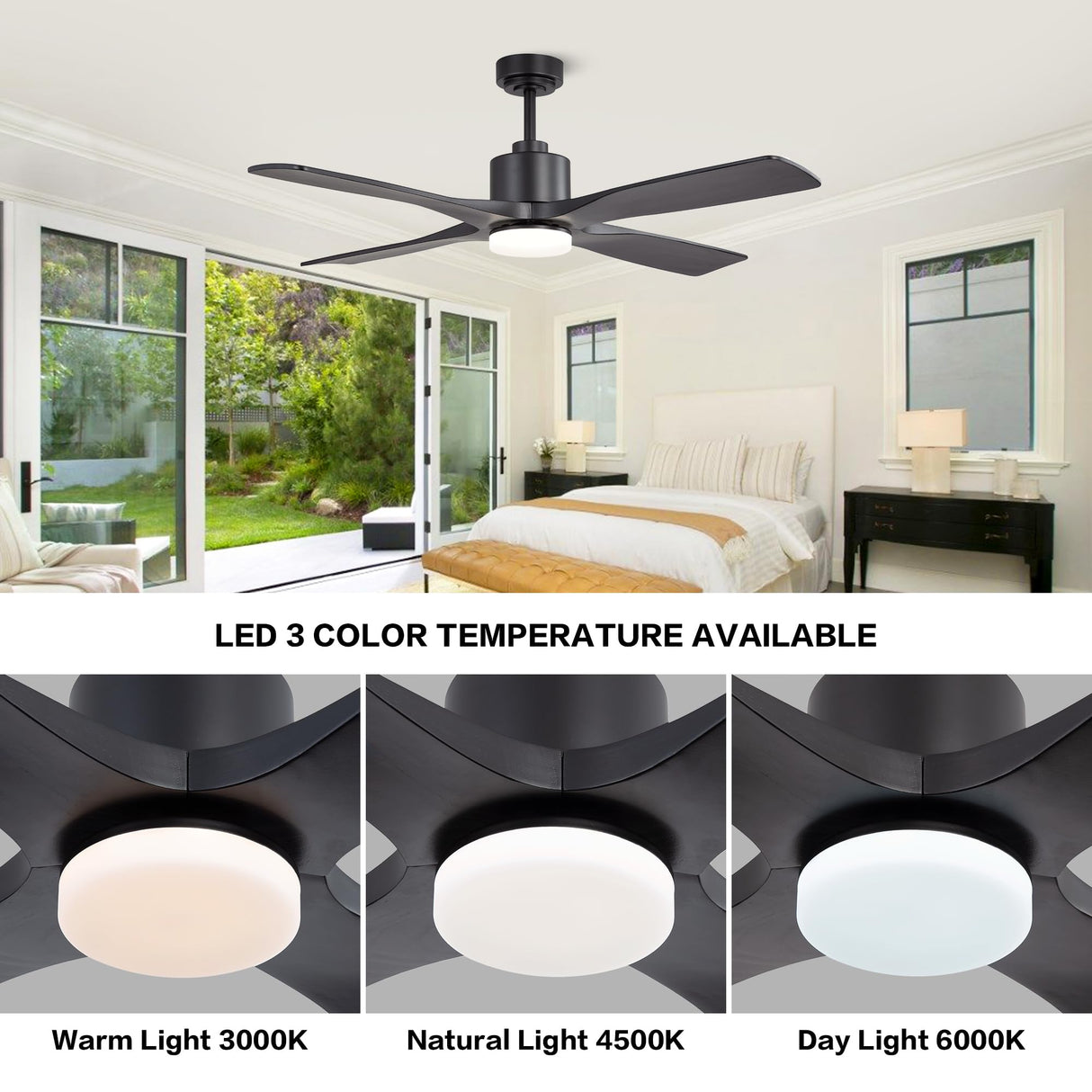 WINGBO 54 Inch DC Ceiling Fan with Lights and Remote Control, 4 Carved Solid Wood Blades, 6-Speed Noiseless Reversible DC Motor, Modern Ceiling Fan in Matte Black Finish with Black Blades WINGBO