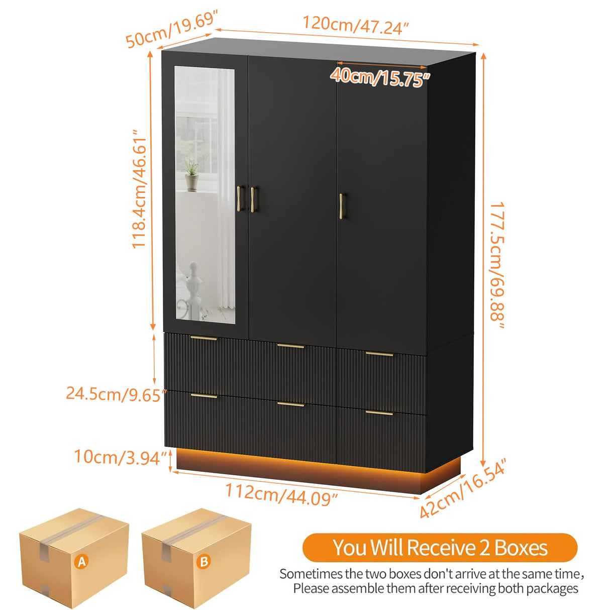 PAKASEPT Large Wardrobe Closet, Armoire Closet with Door and Mirror, LED Lights, Hanging Rod, Drawers, Armoires and Wardrobes for Bedroom (Black) PAKASEPT