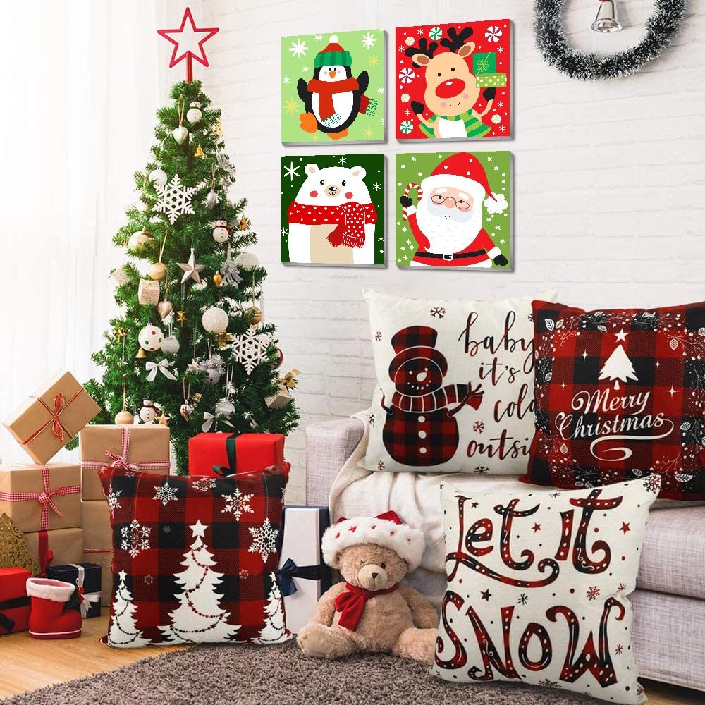 4 Pack Christmas Paint by Numbers Kits for Kids and Adults (with Frame), Cute Cartoon Christmas Paint by Number Kits on Canvas, Simple Acrylic Oil Painting for Beginners, Home Wall Decor 7.8x7.8Inch. Amzdiyfun