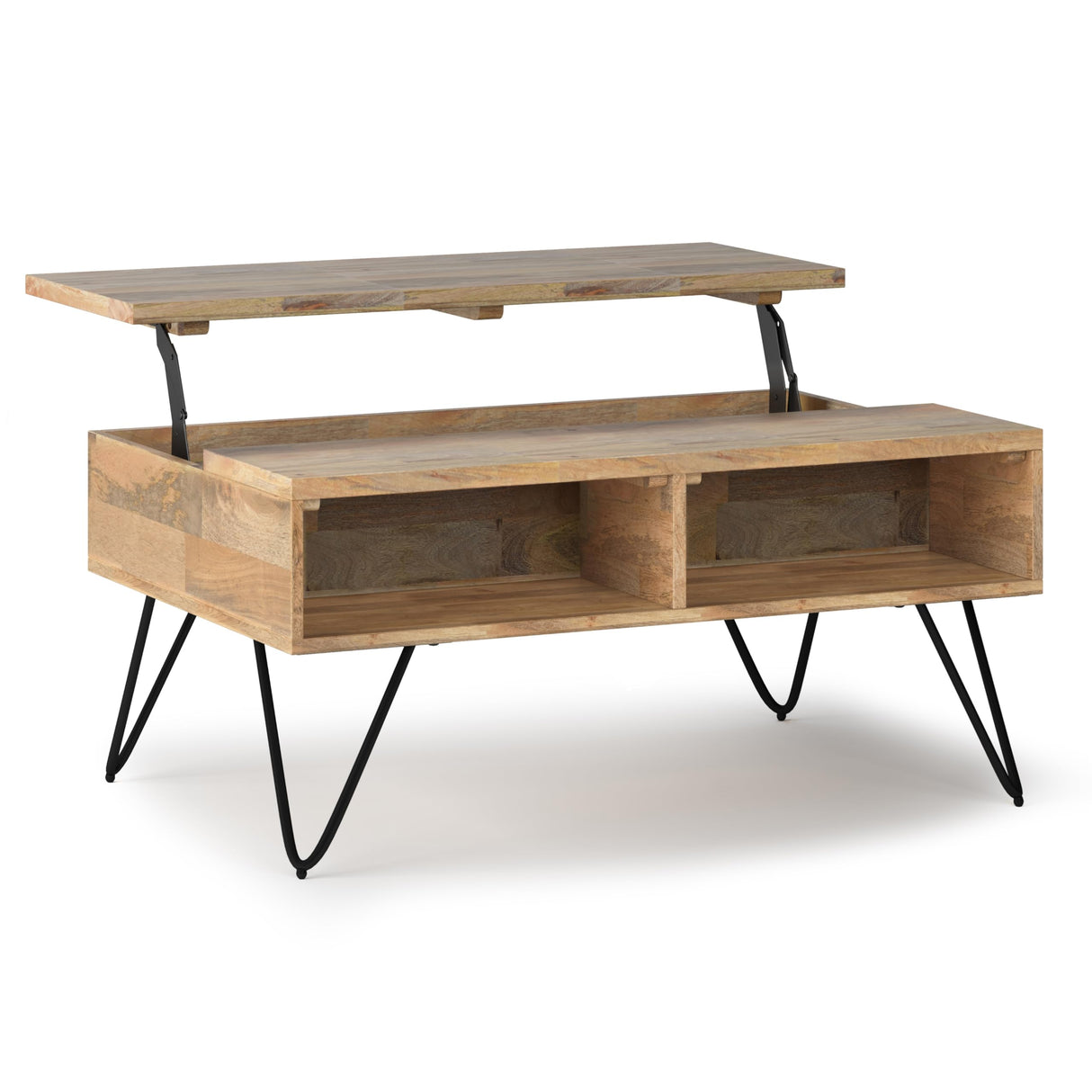 SIMPLIHOME Hunter Small Lift Top Coffee Table - 36 inch Wide Solid Mango Wood and Metal Industrial Cocktail Table in Natural, Living Room Table with Hidden Storage, 2 Cubbies, and Hairpin Legs SIMPLIHOME