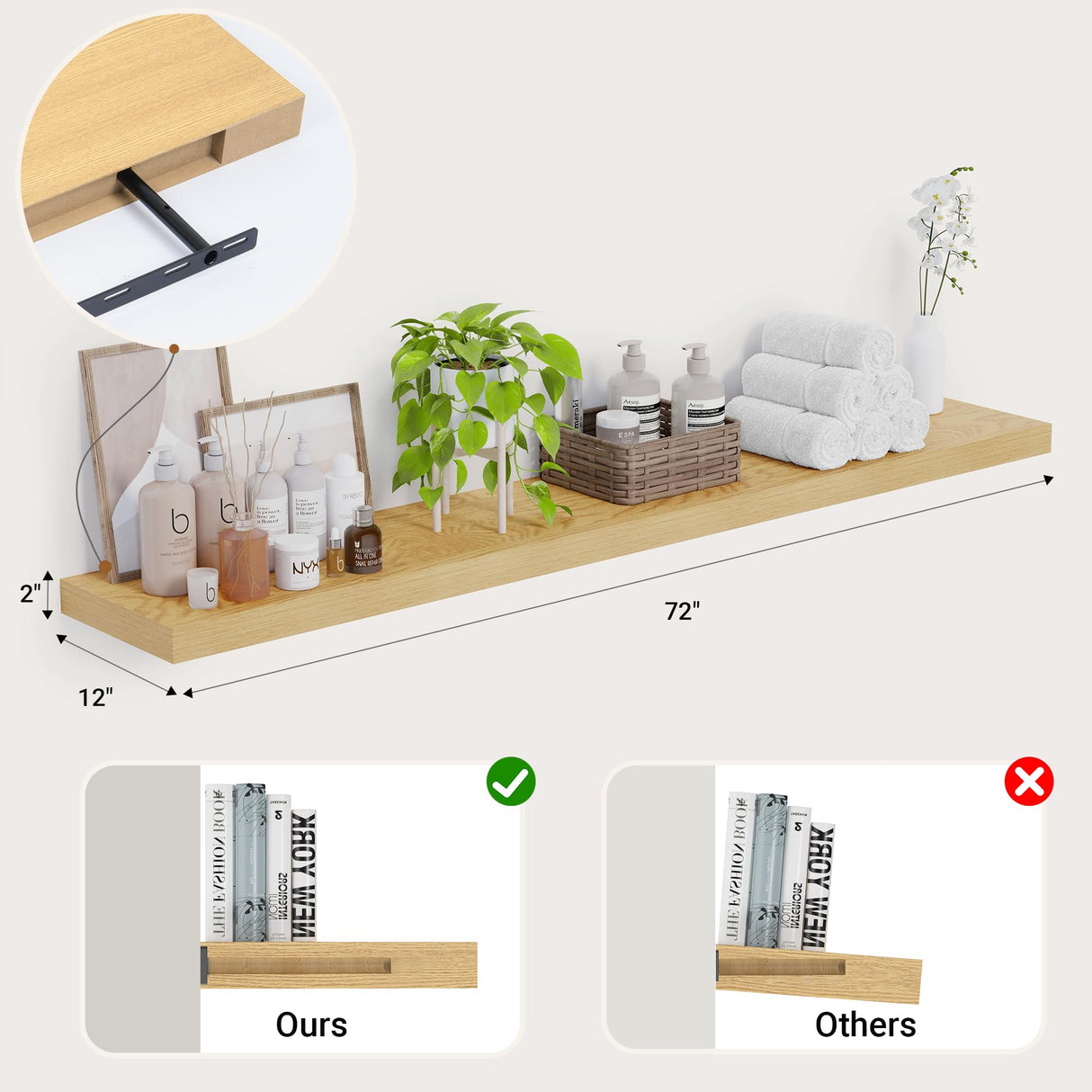 Heimlove 12 Inch Deep Floating Shelves, 48 x 12 inches Long Wall Shelf, Large Display Shelf & Storage Shelf, Rustic Wood Wall Shelves for Fireplace Mantel, Set of 1(Oak) Heimlove