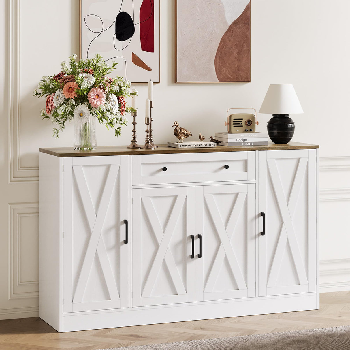 Buffet Cabinet with Storage, 55" Large Sideboard Storage Cabinet with Drawer, 4 Doors and Shelves, Modern Farmhouse Coffee Bar Table Kitchen Island Credenza for Kitchen, Entryway, Dining, Living Room Vividwood