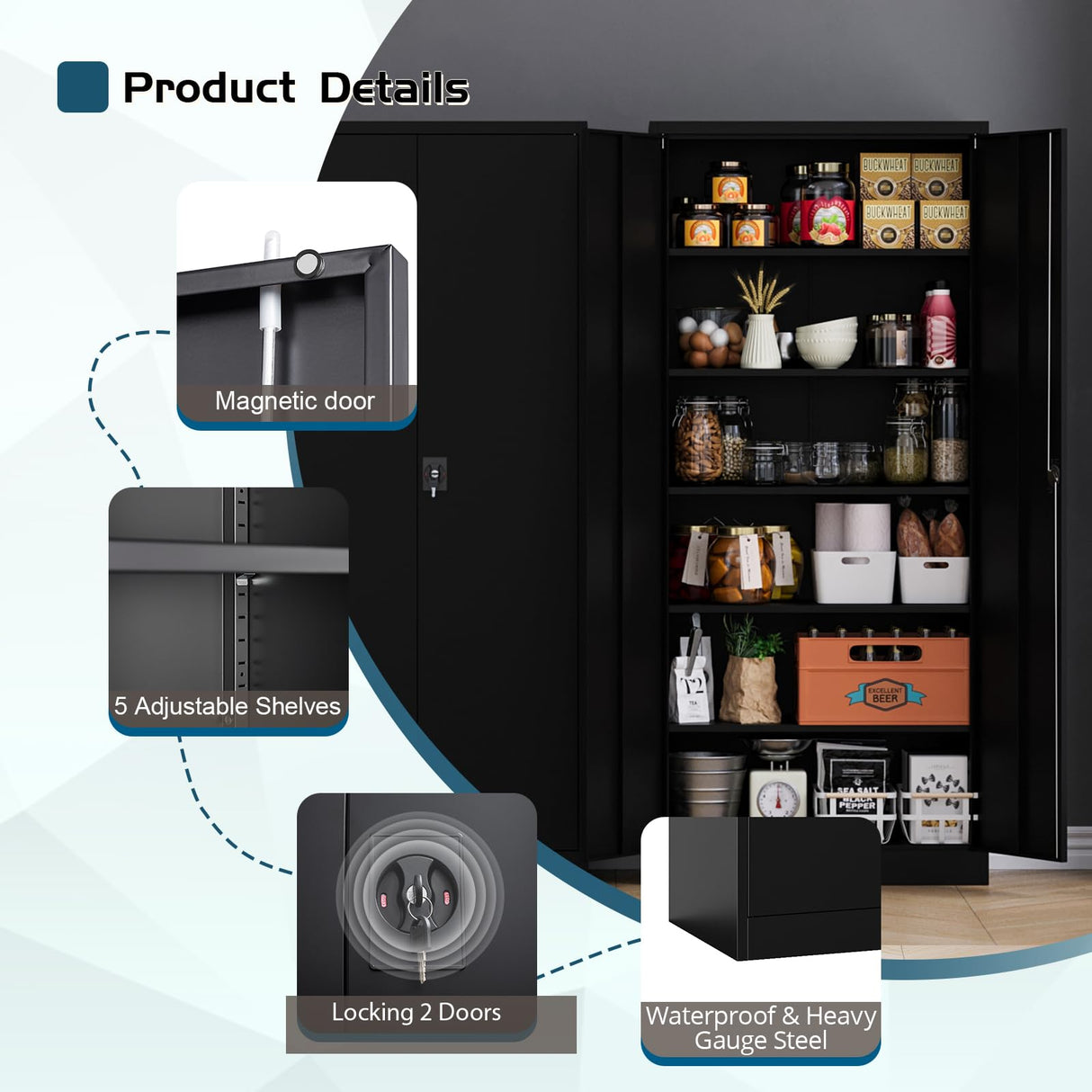 MIIIKO Black Metal Cabinet with Doors and Shelves, 72" Tall Steel Cabinet for Storage with 5 Shelves, Garage Storage Cabinet Heavy Duty, 18" Deep Locker Cabinet for Home Office Pantry Workshops MIIIKO