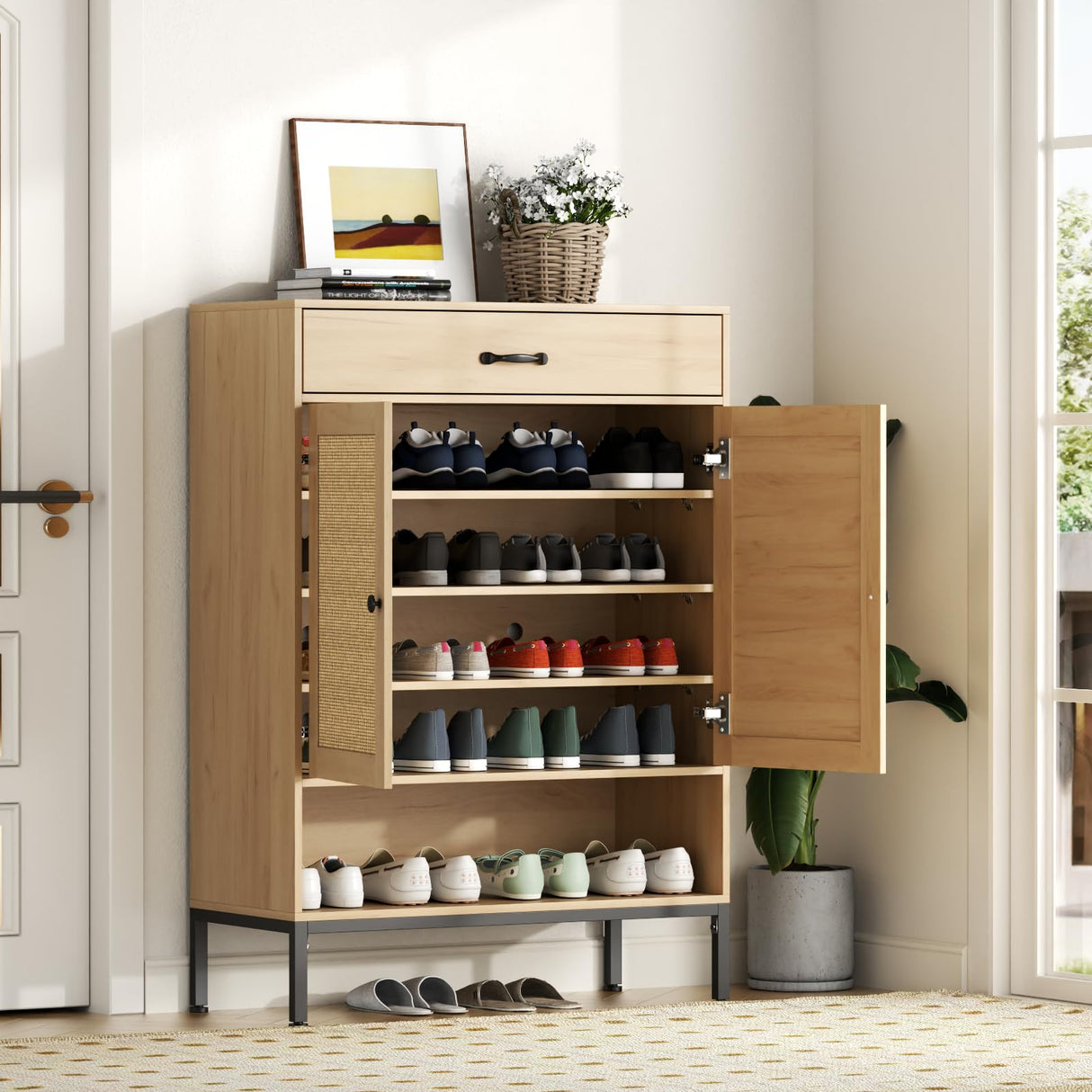 Loomie Rattan 5-Tier Shoe Storage Cabinet with Doors, Drawer & Cubby, 44.3" Boho Shoe Organizer for Entryway Hallway Closet (Natural) Loomie