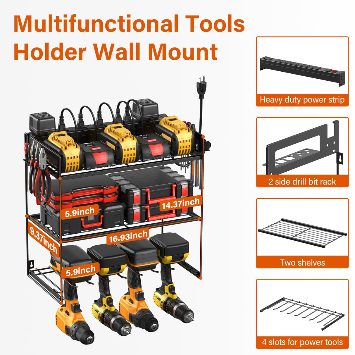 JUNNUJ Power Tool Organizer with 10 Outlet Power Strip, 3 Layer Wall Mount Drill Holder with Charging Station, 4 Drills Storage Shelf Shop Garage Utility Rack, Black JUNNUJ