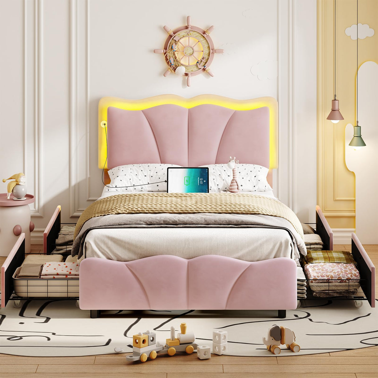 FORABAMB Twin Bed Frame with 4 Drawers, Upholstered LED Bed Frame with Adjustable Flowers Headboard, Platform Bed Frame Twin Size with Wooden Slats Support, No Box Spring Needed, Pink FORABAMB