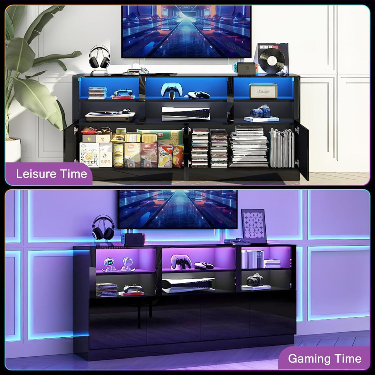 Bolonbi 70 Inch LED TV Stand for 75/80/85 Inch TV,Modern Gaming Entertainment Center with Storage Shelves and Doors,High Gloss TV Media Console for Living Room,RGB LED Lights,Black Bolonbi