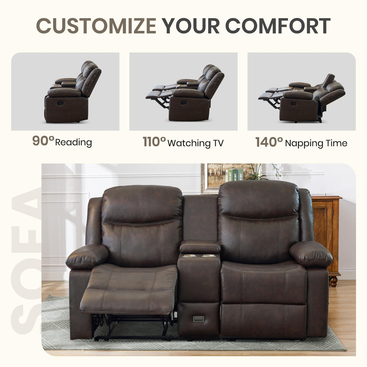 CALIVIA Manual Reclining Loveseat with Massage and Heat, Double Recliner Sofa with Center Console, Cup Holders & Storage for Living Room, RV (Brown) CALIVIA