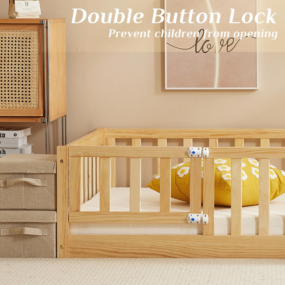 Karl home Toddler Floor Bed with Door and Fence for Kids, Montessori Bed with 12 Slats and Safety Guardrails,Kids Bed Solid Wood Twin Bed Frame for Girls, Boys (Natural) Karl home