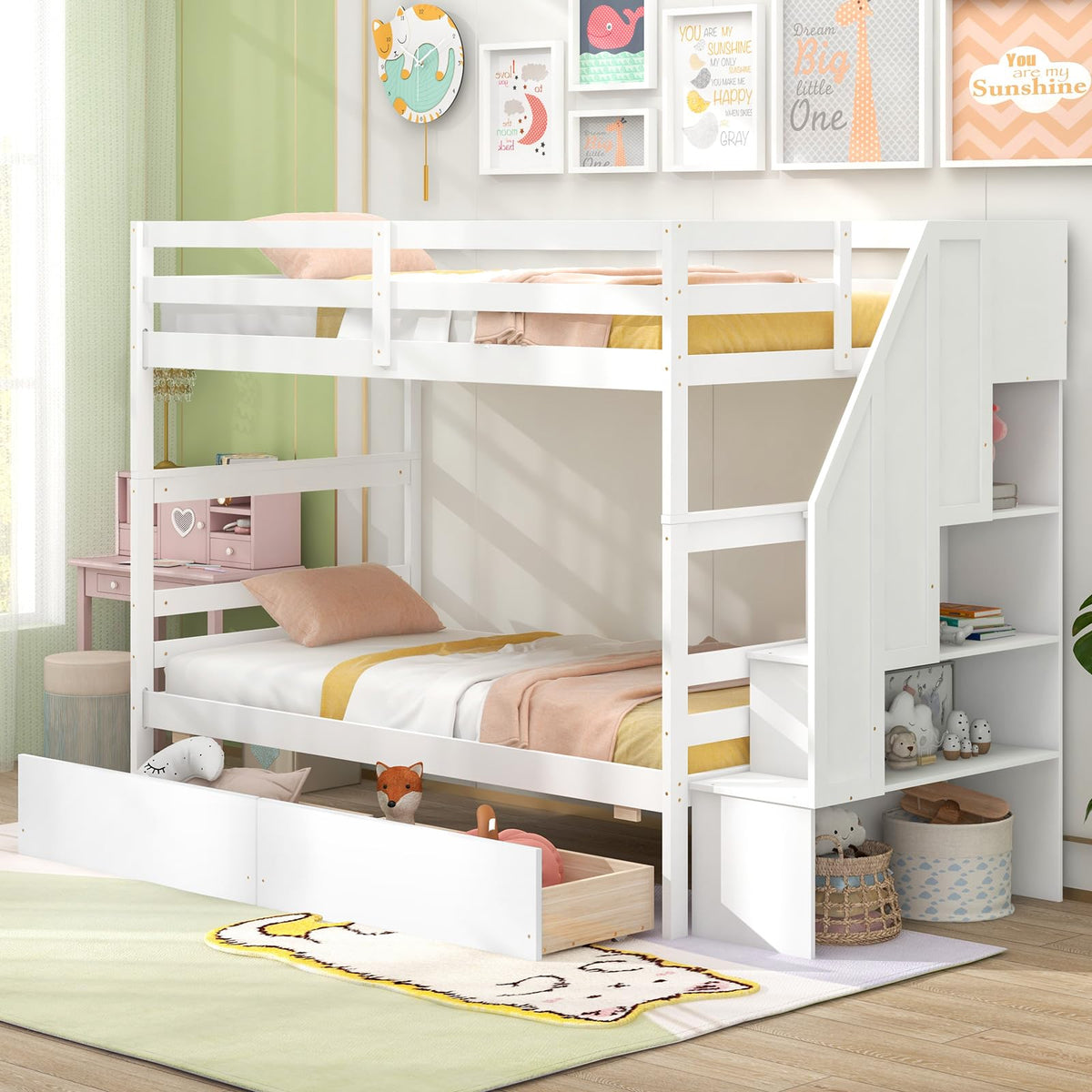 Giantex Bunk Bed Twin Over Twin with Storage Stairs & Drawers, Solid W ...