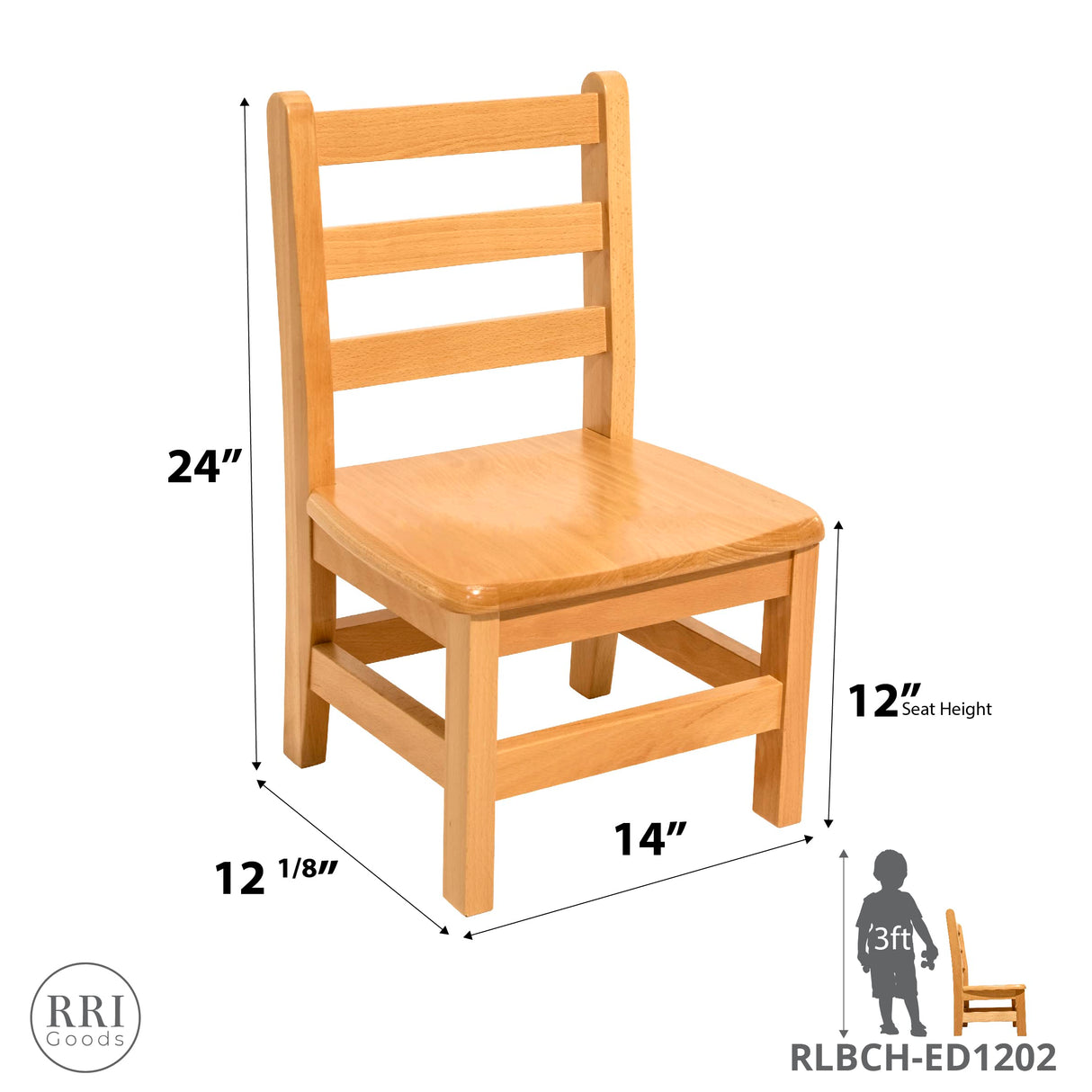 RRI Goods Kids Wooden Chair Set, Fully Assembled Youth Ladderback Wood Chairs for Children, 12" Seat Height for Ages 6-8 (Set of Two) RRI Goods