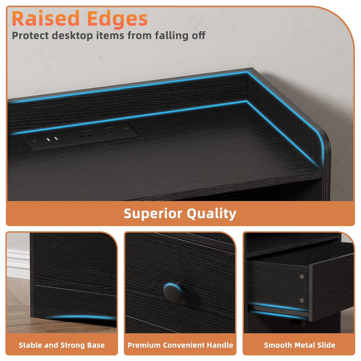 Memobarco Nightstand with Charging Station and LED Light,Modern Nightstand with USB Ports and Outlets,Wooden Bedside Tables with 2 Storage Drawers,Small Dresser for Bedroom Small Space,Black Memobarco