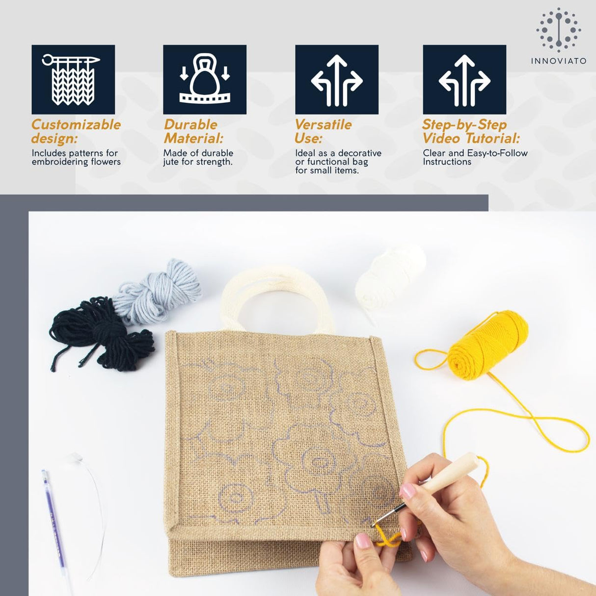 Innoviato - Punch Needle Kit for Beginners – Complete Embroidery Tote Bag Set for Adults & Kids with Easy Instructions & Video Tutorial, Includes a Unique Pattern Generic