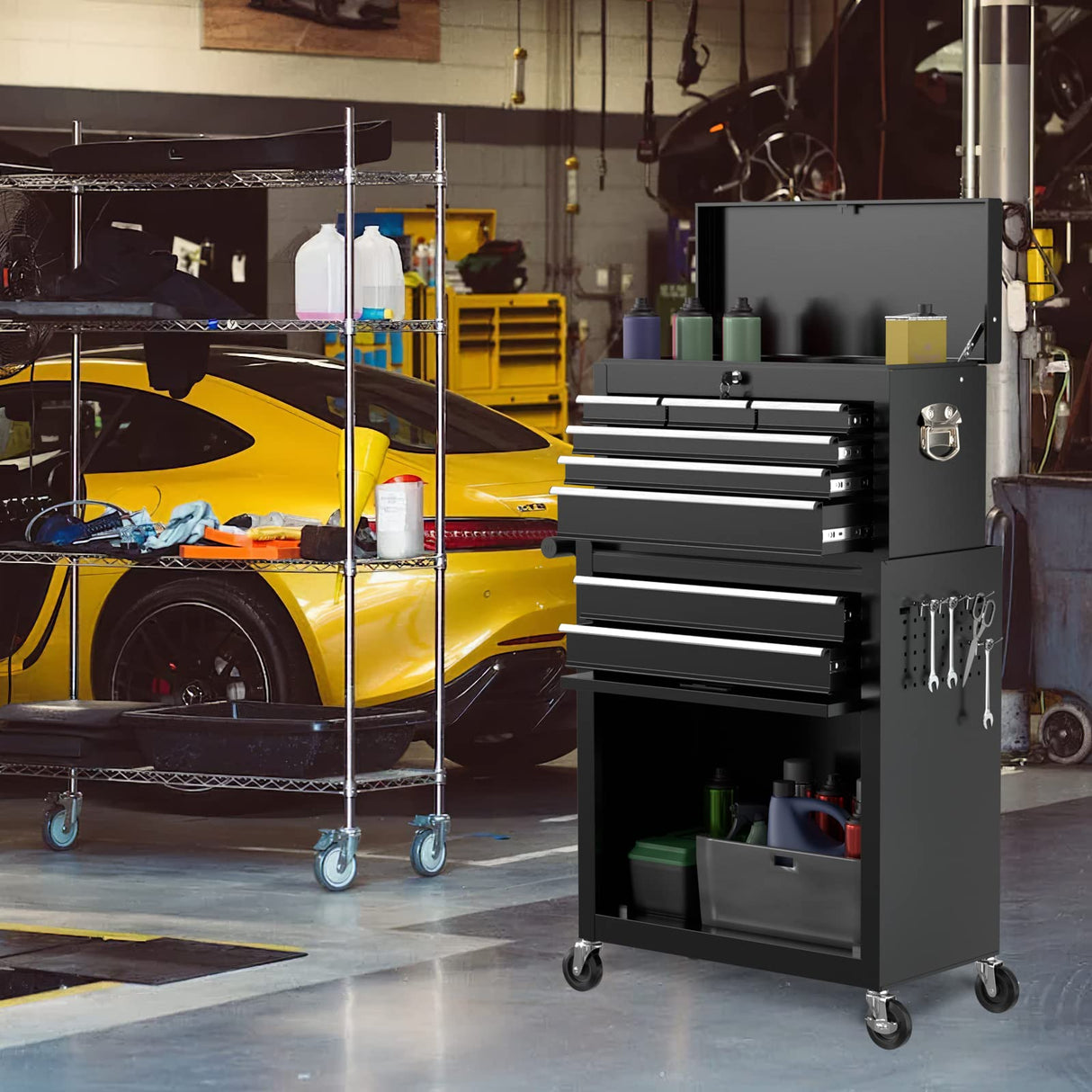 Granper High Capacity 8-Drawer Tool Chest, Tool Box with Wheels, Movable Rolling Tool Chest, Tool Chest with Wheels, Heavy Duty Tool Cabinet for Workshop, Garage and Repair Room(Cool Black) Granper