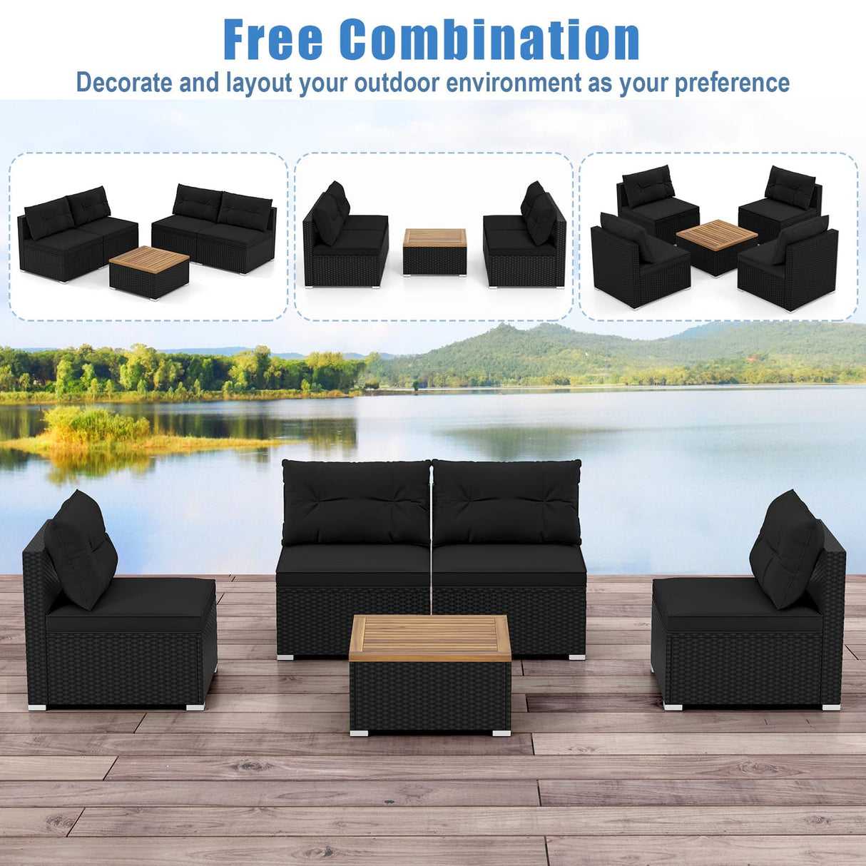 RELAX4LIFE 5-Piece Wicker Outdoor Furniture - PE Rattan Sectional Conversation Set w/4 Armless Sofas & Acacia Wood Coffee Table, Cushioned Patio Sofa Set for Garden Poolside Backyard Porch (Black) RELAX4LIFE