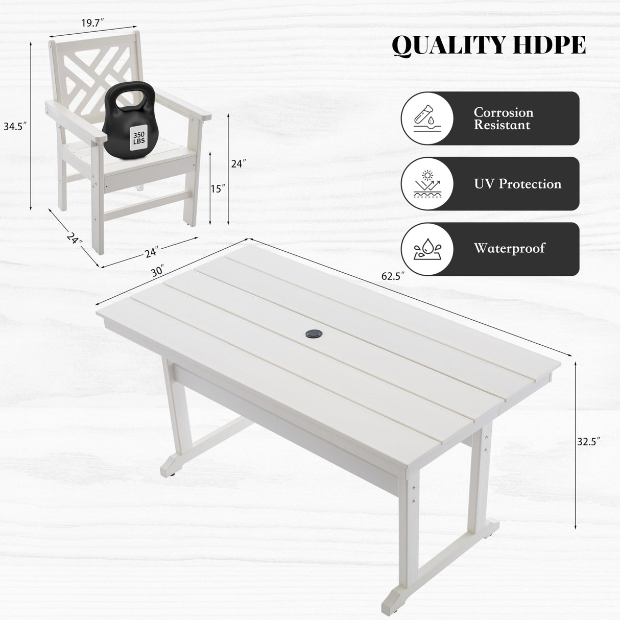 AZXZCS HDPE Dining Table Set for 10,12-Piece Outdoor Table and Chairs Include 10 Dining Chairs and 2 Pcs 62.5" Patio Dining Table with Umbrella Hole (White) AZXZCS