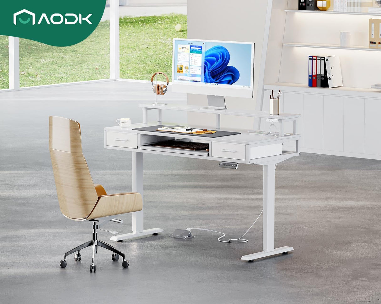 AODK White Standing Desk with 2 Drawers & Keyboard Tray and USB & LED Lights, Height Adjustable Desk 47 Inch with Power Outlets & LED Lights, Stand Up Desk with Monitor Shelf AODK