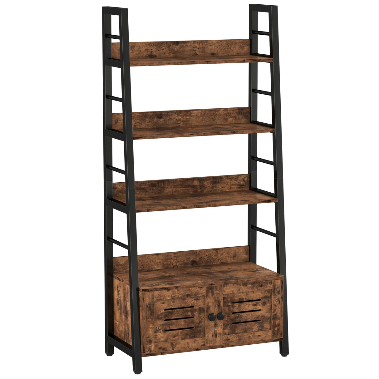 IRONCK Bookshelf with Louvered Doors, 3-Tier Ladder Shelf with Cabinet Industrial Accent Furniture for Bedroom Living Room Home Office, Rustic Brown IRONCK