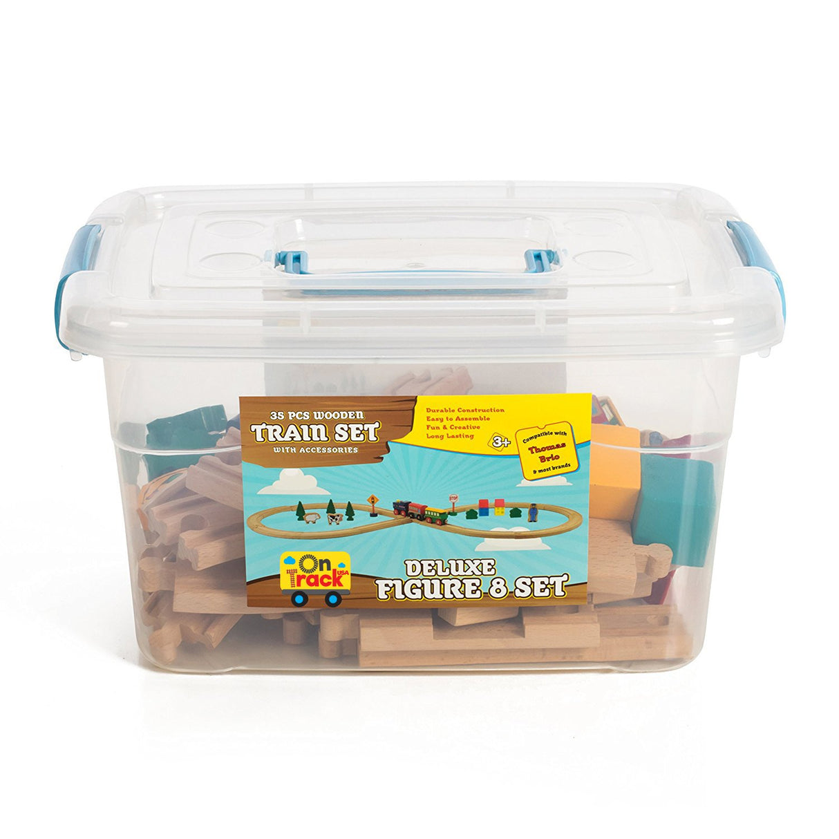 On Track USA Wooden Train Set 35 Piece All in One Wooden Toy Train Tracks Set with Magnetic Trains and Railway Accessories, Comes in A Clear On Track USA