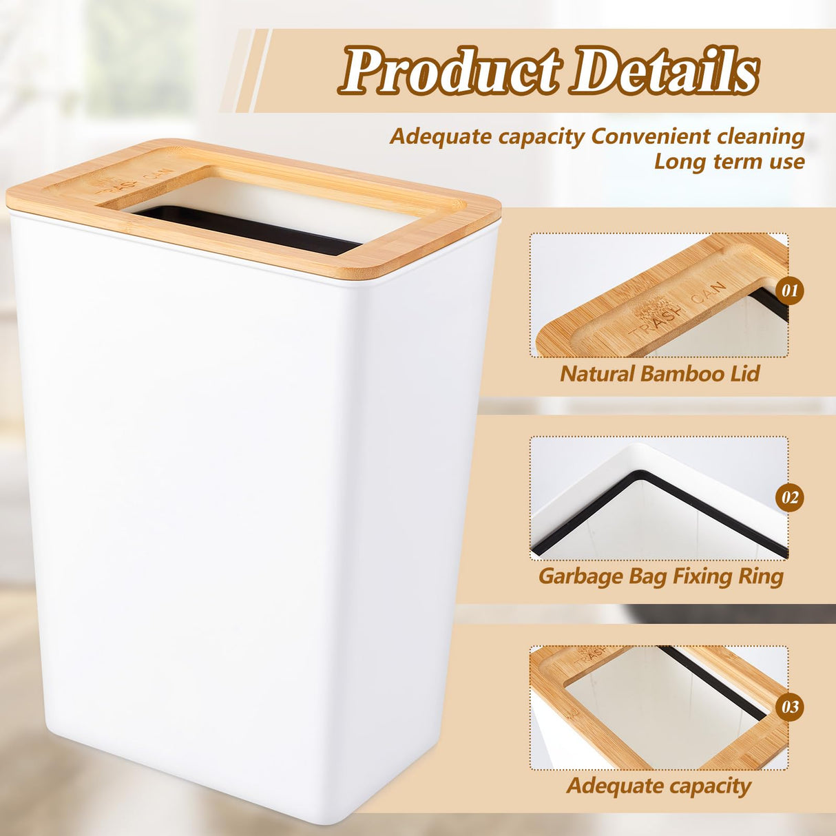 Suclain 2 Pcs Slim Trash Can 2.3 Gal, Small Wastebasket with Semi Open Bamboo Lid Plastic Waste Basket Rectangular Garbage Container Bin Trashcan for Bathroom Bedroom Kitchen Office Living Room Home Suclain