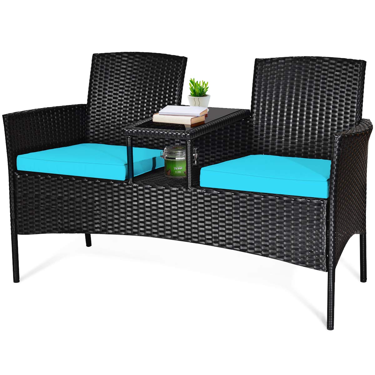 Tangkula Wicker Patio Conversation Furniture Set, Outdoor Furniture Set with Removable Cushions & Table, Tempered Glass Top, Modern Rattan Bench for Garden Lawn Backyard Tangkula