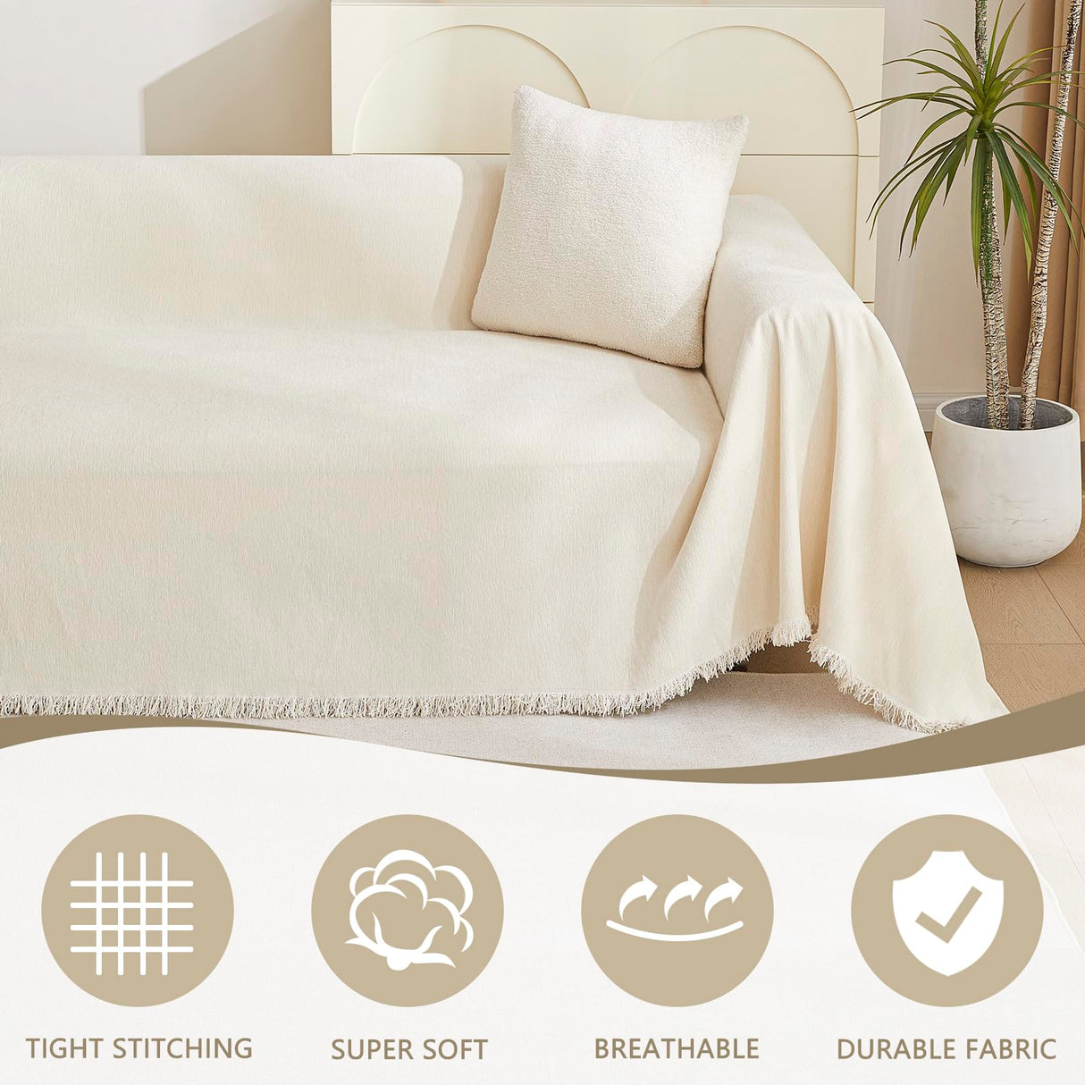 MYSKY HOME Boho Couch Cover Beige Sofa Covers with White Tassel Farmhouse Sofa Slipcover Simple Couch Protector for Dogs Chenille Sectional Couch Covers L Shaped Couch Cushion Covers, 91"x 134" MYSKY HOME