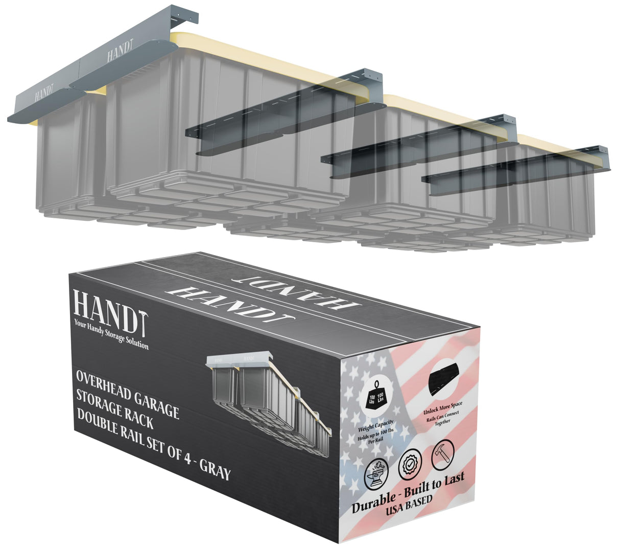 HANDT Overhead Garage Storage Rack, Connectable Heavy Duty Metal Ceiling Rails for Garage Storage Organization Shelving System, Supports Up to 6 Bins, 4 Sets Gray HANDT