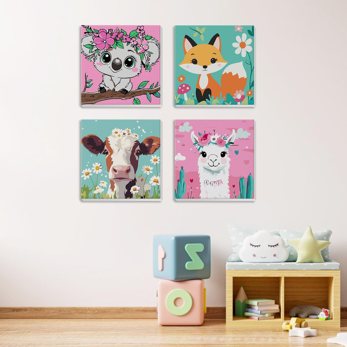 MXJSUA 4 Pack Framed Cute Animals Paint by Numbers for Kids Ages 6-12, Koala Fox Llama Cow Paint by Number Kits for Children Beginner, Acrylic Oil Painting for Home Wall Decor (8x8inch) MXJSUA