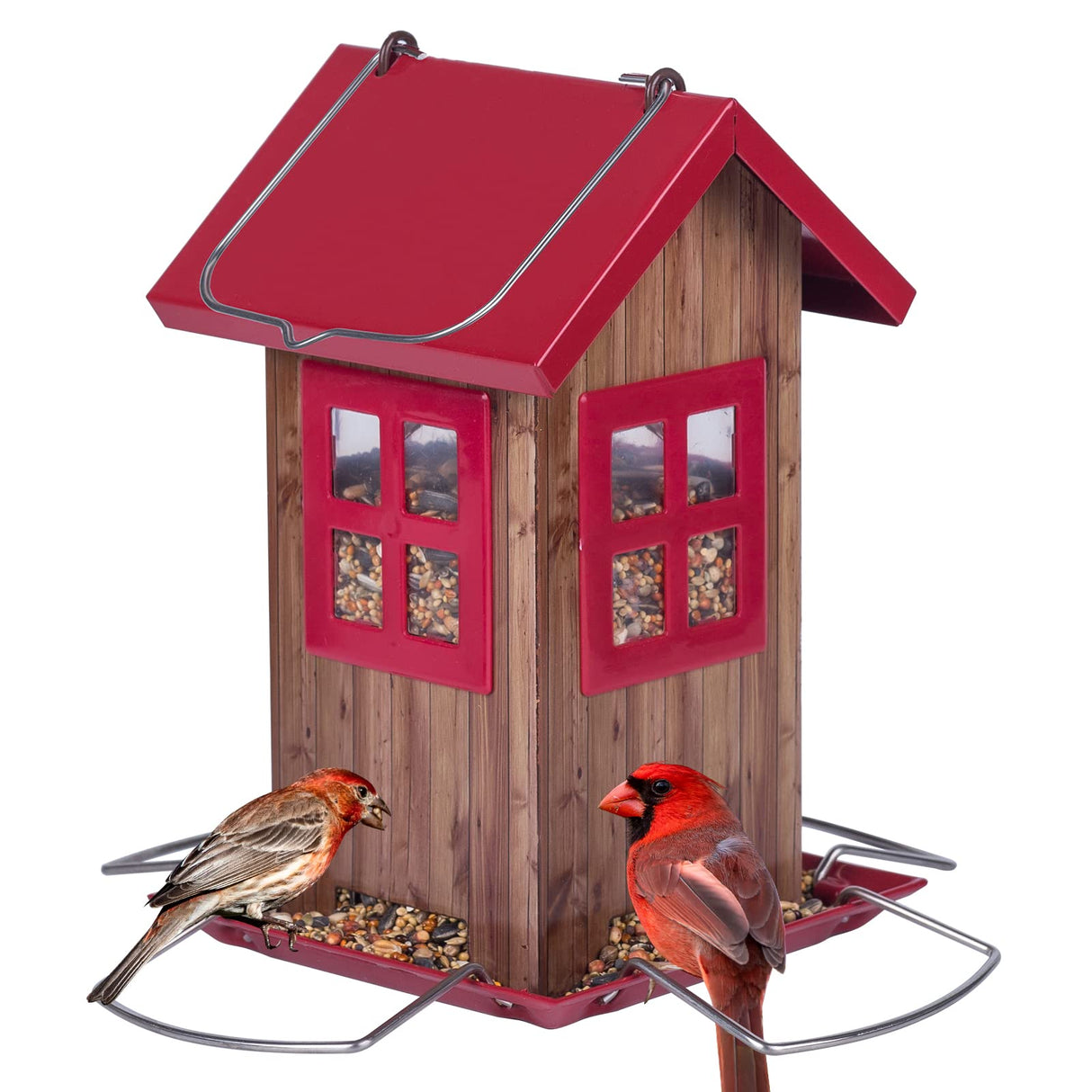 Kingsyard Cute Bird House Feeders for Outside, Hanging Metal Bird Feeder with 4 Ports, Outdoor Garden Yard Decorations for Cardinals Finches Chickadees Goldfinches & Sparrows Birds Watching Kingsyard