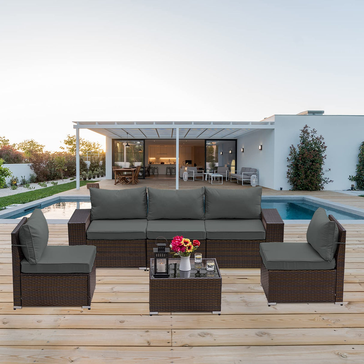 Kullavik Outdoor Patio Furniture Set 6 Pieces Sectional Rattan Sofa Set Brown PE Rattan Wicker Patio Conversation Set with 5 Grey Seat Cushions and 1 Tempered Glass Table Kullavik
