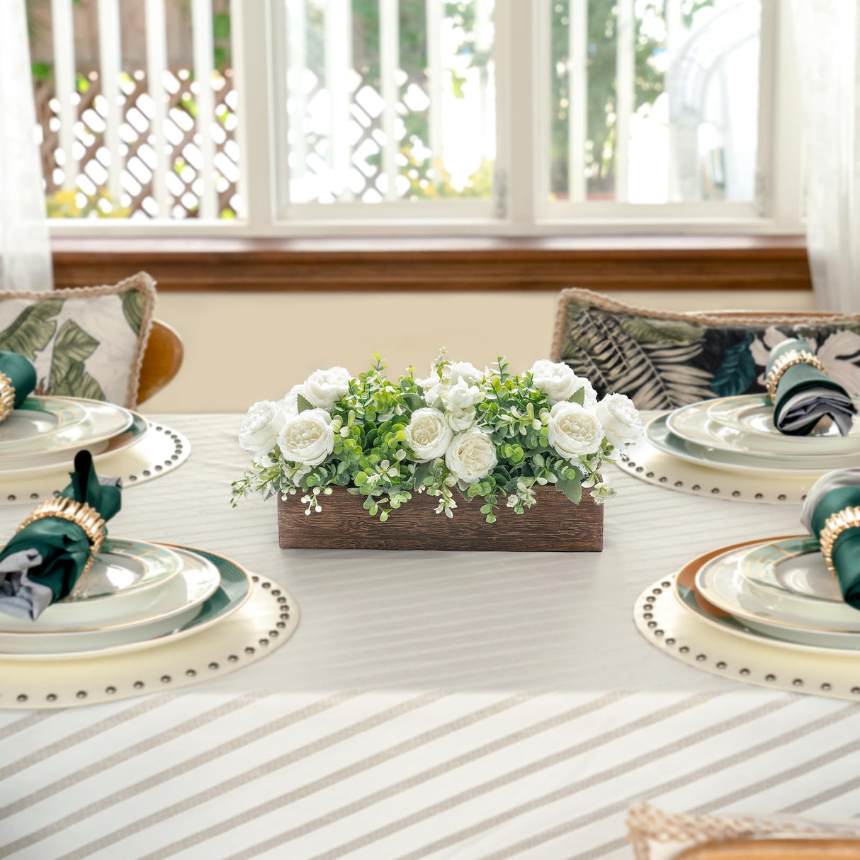 Dahey Centerpiece Table Decorations for Dining Room Farmhouse Living Room Table Centerpieces Decor Wood Tray with 3 Artificial Flowers and 2 Eucalyptus for Kitchen Table, 14.1" x 4.7" x 3.1", White Dahey