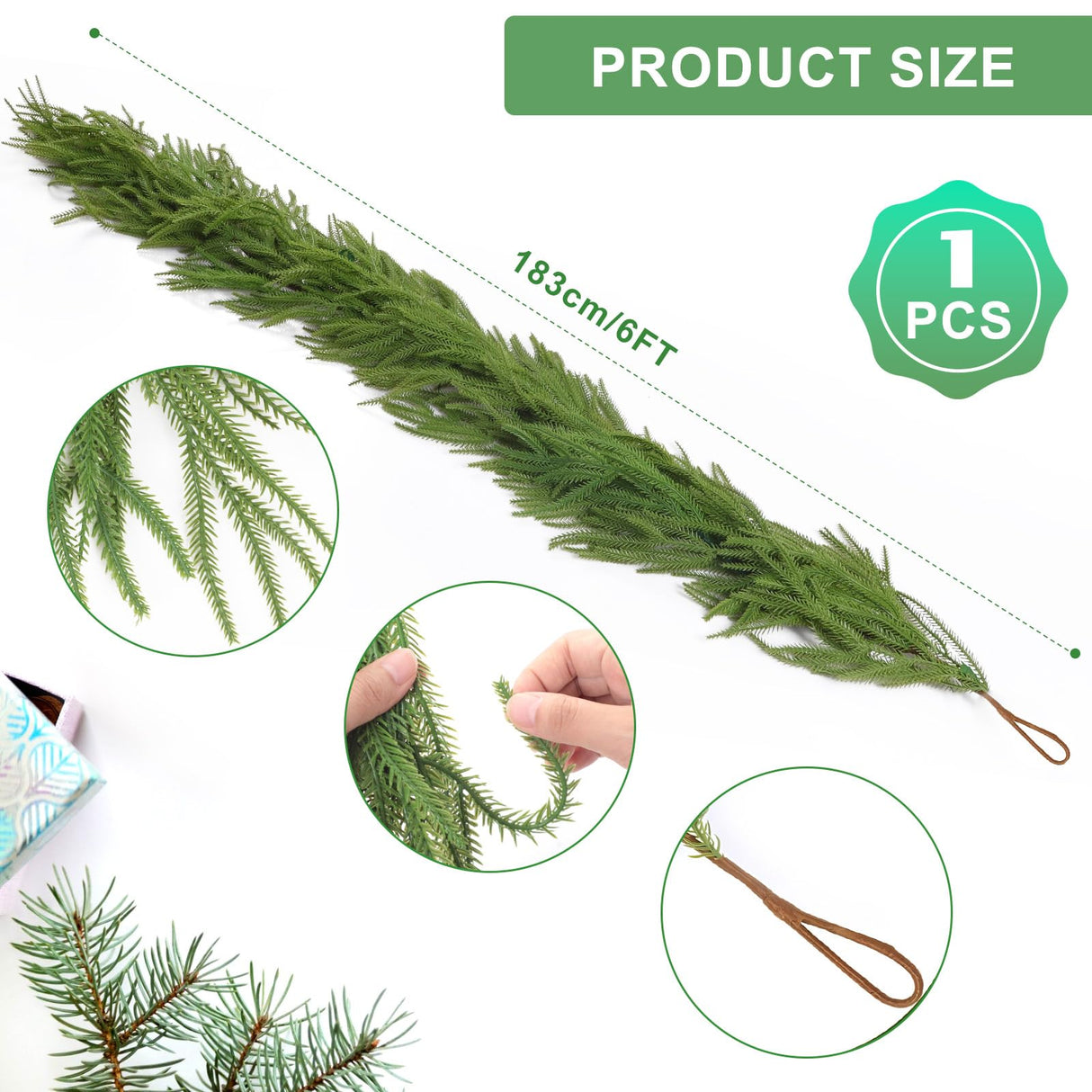 Christmas Garland for Mantle, Norfolk Pine Garland Artificial Greenery Garlands for Table, Wall, Mantle, Indoor, Outdoor Christmas Decorations(1 PCS, 6 FT) HKKDKTA