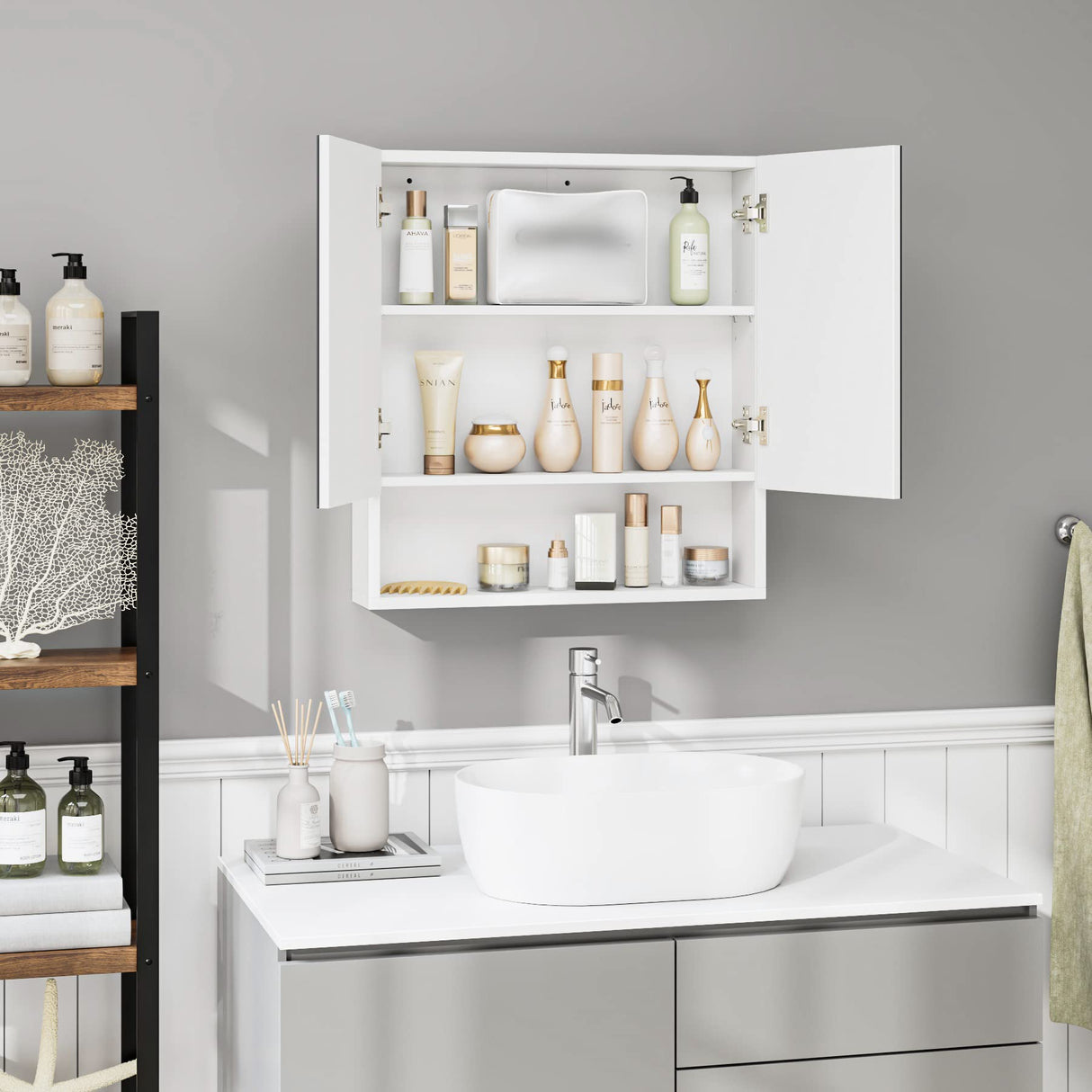 FOTOSOK Bathroom Wall Cabinet Medicine Cabinet, Wall Mounted Bathroom Mirror with Storage Mirror Cabinet with 2 Doors and Adjustable Shelf, Laundry Living Room, White FOTOSOK