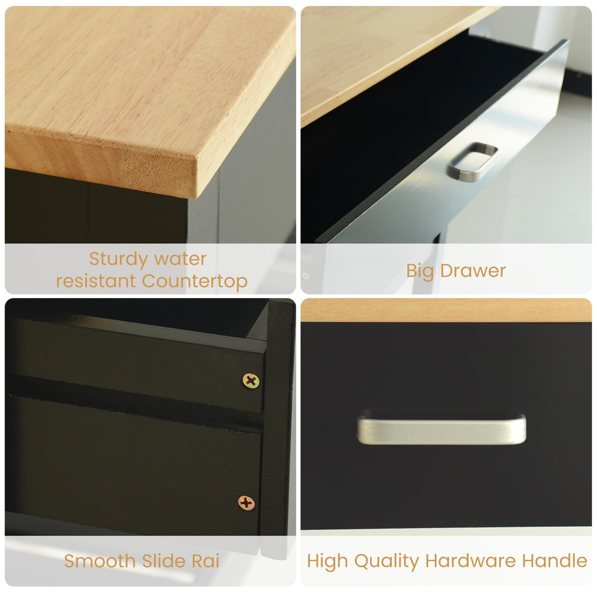 HiDSLiving Kitchen Island 42" Rolling Kitchen Island Cart On Wheels with Drawer Towl Rack 3 Tiers Rolling Utility Cart with Solid Wood Top Serving Trolley for Dining Room Black HiDSLiving